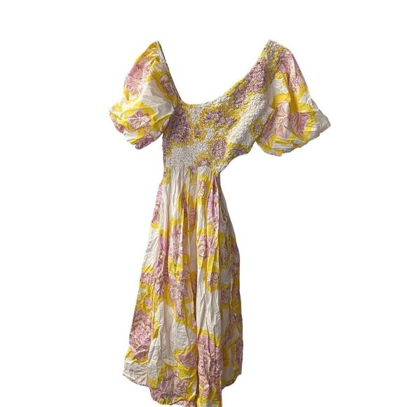 Free People Kalimantan Printed Midi Dress Bold Floral Ruched Blush Yellow Medium - Picture 7 of 14